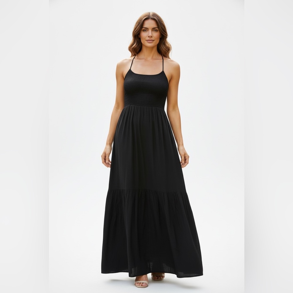 Universal Thread Black Boho  Slip Spaghetti Strap Maxi Dress w/ tie Back